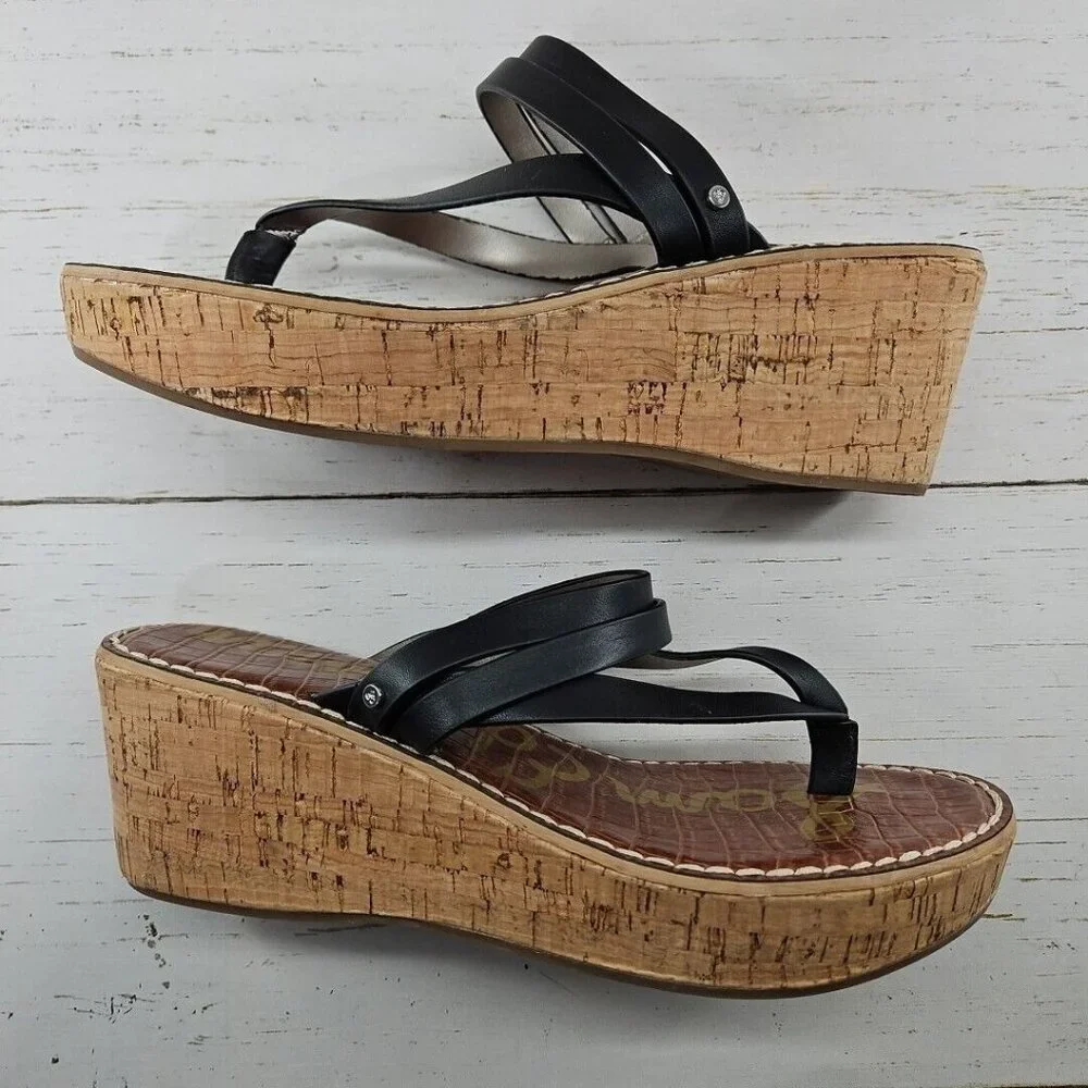 Sam‎ Edelman Sandals Womens 11 Black Rasha Comfort Strappy Cork Wedge Slip On